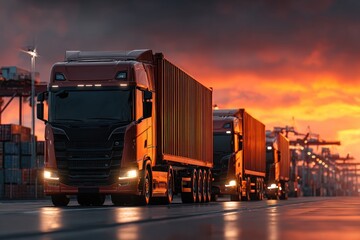 Fototapeta premium Red semi-trucks with cargo containers on a dock at sunset, vibrant orange sky