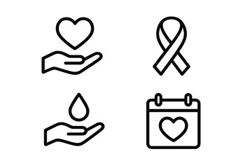 Charity and donation line icons set. Vector symbols for support, love, and help. Includes heart in hand, awareness ribbon, blood drop, and a giving day calendar concept.