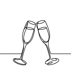 Сhampagne glasses Simple Continuous one line drawing illustration. Transparent background png file