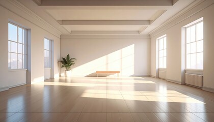 Obraz premium A sun-drenched, spacious interior room with high ceilings, classic moldings, and large windows, bathed in natural light, creating a serene and airy atmosphere.