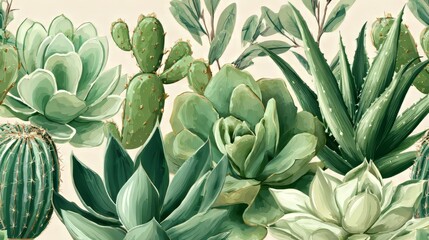 Obraz premium Serene Botanical Illustration: Lush Green Succulents, Cacti, and Aloe Vera in a Painterly Style