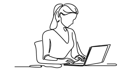 Young woman working on laptop Simple Continuous one line drawing illustration. Transparent background png file