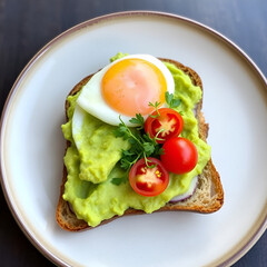 Sourdough toast topped with smashed avocado, sunny-side-up egg, cherry tomatoes, and microgreens on a ceramic plate.