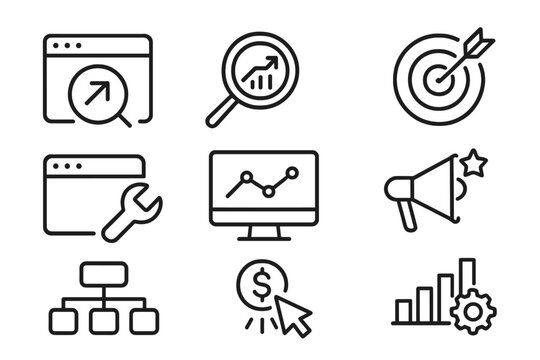 Minimalist line icons for SEO and digital marketing tools, vector cartoon illustration with transparent background, ordered set, growth analysis, target, optimization, and online strategy symbols