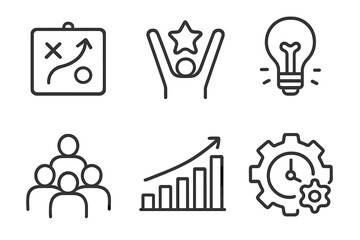 Minimalist linear icons set for business strategy, achievement celebration, innovation ideas, teamwork collaboration, progress graph rising, and efficiency management concept, transparent background