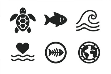 Minimalist ocean conservation icons set with turtle, fish, wave, heart, fish skeleton, and globe symbols. Vector cartoon illustration for marine awareness and environmental protection.