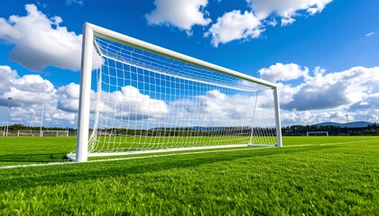 Soccer goal on a vibrant green field under a partly cloudy blue sky