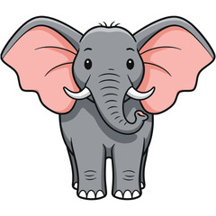 Fototapeta premium Whimsical cartoon elephant with pink ears and friendly expression – flat illustration