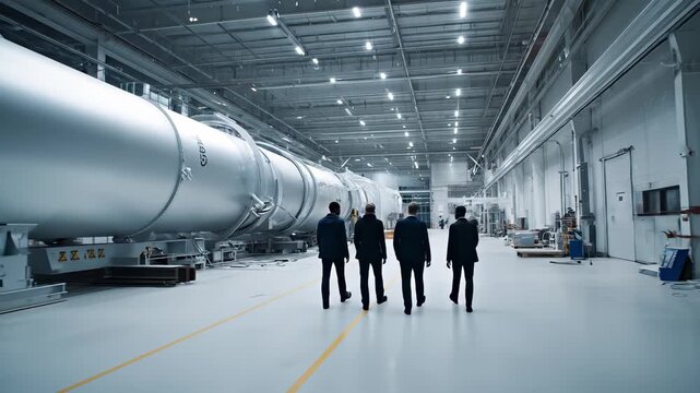 Group of professionals in dark suits walking towards a large rocket in a spacious industrial facility, showcasing teamwork and innovation in aerospace engineering