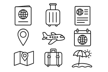 Simple Line Style Travel Icons Set, Passport, Luggage, Visa, Airplane, Location Pin, Map, Calendar, Suitcase, Beach Umbrella, Vector Cartoon Illustration, Transparent Background, Tourism Elements