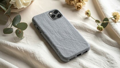 A light gray textured phone case rests on a cream-colored linen surface, surrounded by natural elements.