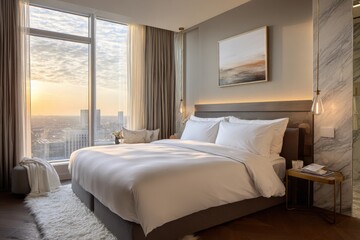 Modern luxury hotel bedroom with city view at sunset