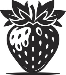 Stylized strawberry illustration in black and white, bold fruit artwork with leaves, perfect for logos, packaging, branding, posters, or graphic design use.Stylize