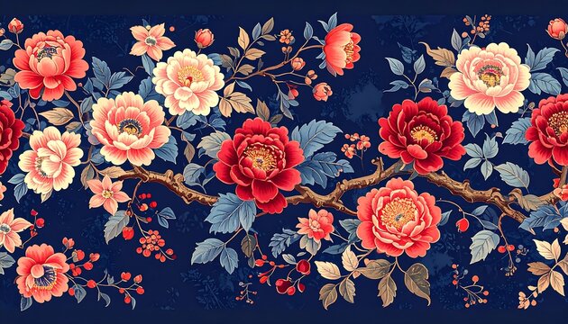 Vintage Chinoiserie Floral Border with Peonies.