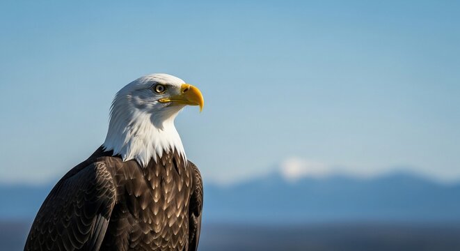 Close-up profile of a majestic bald eagle with piercing eyes, showcasing its detailed feathers and iconic white head against a soft, blurred blue sky and distant mountain landscape - Powered by Adobe