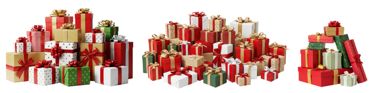 Collection of gift boxes pile isolated on white or transparent background
