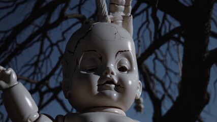 Cracked porcelain doll head suspended from a tree branch, showcasing eerie details and textures, capturing the unsettling atmosphere of a haunting scene in motion - Powered by Adobe
