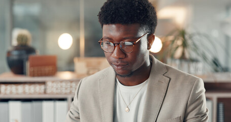 Thinking, black man and night in office with accountant, financial manager and idea with bokeh....