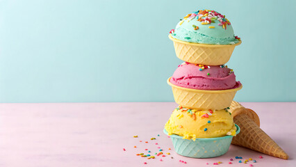 Colorful stacked ice cream cones with sprinkles and a waffle cone on a pastel background