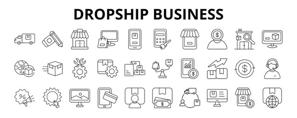 30 Dropship Business Line Icons Vector - Online Store, Product Sourcing, Logistic Service, Supplier Management, Sales, Branding, Inventory