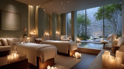 Serene spa room with candlelight and garden view