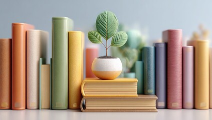 Render of books lined up with a plant in a pot atop stacked books. Soft focus background