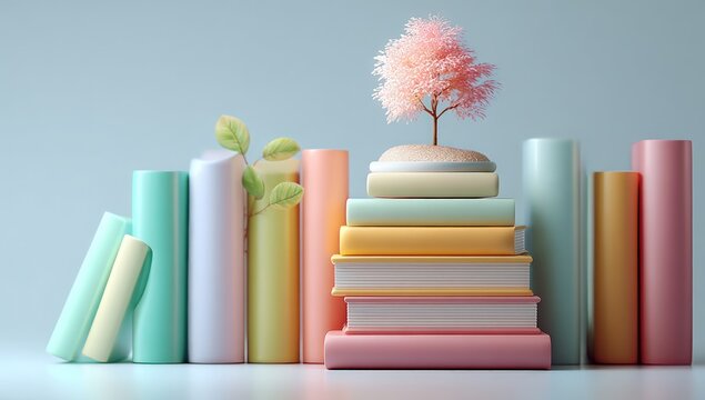 Pastel-colored books stacked, a tiny tree on top, with leaves sprouting from the volumes