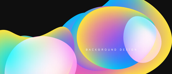 Abstract colorful shapes overlap, creating vibrant gradients. Design features smooth transitions, modern aesthetic. Background is dark.