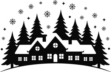 Obraz premium Cozy Winter House Silhouette Illustration Black Design with Snowflakes and Pine Trees, Perfect for Holiday Cards and Winter-Themed Graphic Projects