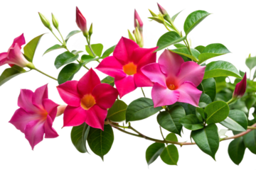 Vibrant pink mandevilla vine blossoms lush green leaves isolated transparent background