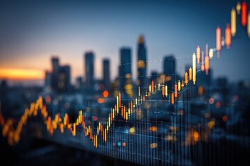 Data visualization overlaying a cityscape at dusk, suggesting market growth and financial trends