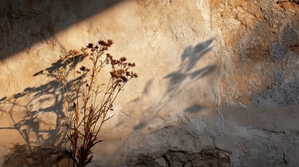 Rustic Wall with Dried Plant and Dancing Shadows.