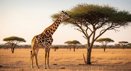 Majestic wild giraffe gracefully feeding on acacia tree leaves in the serene African savanna, bathed in the beautiful golden light of a spectacular sunset