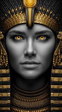 Regal Portrait of Ancient Egyptian Majesty: A striking portrayal of an ancient Egyptian pharaoh or noble, adorned in intricate gold and symbolic regalia, radiating an aura of power and mystery.