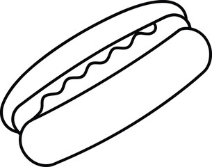 Black and white line drawing of a classic hot dog with wavy mustard sausage condiment 1