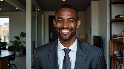 Confident young black entrepreneur smiling, a positive and modern face of business leadership, looking directly at the camera in his office. 4k video - Powered by Adobe
