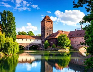 Naklejka premium Ancient European city landmark reflected in a calm river