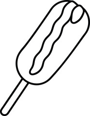 Black and white line drawing of a corn dog with wavy topping on a stick food snack