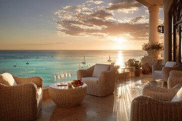 Luxury balcony with ocean view at sunset