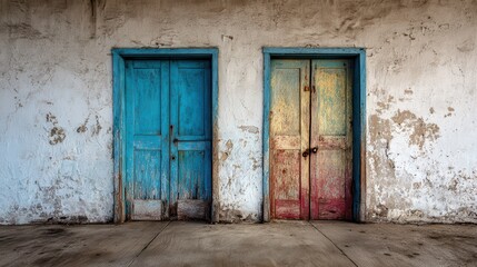 Rustic Weathered Doors with Peeling Paint Against a Concrete Wall.