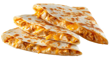 Three golden quesadillas, filled with chicken and melted cheese, stacked and angled