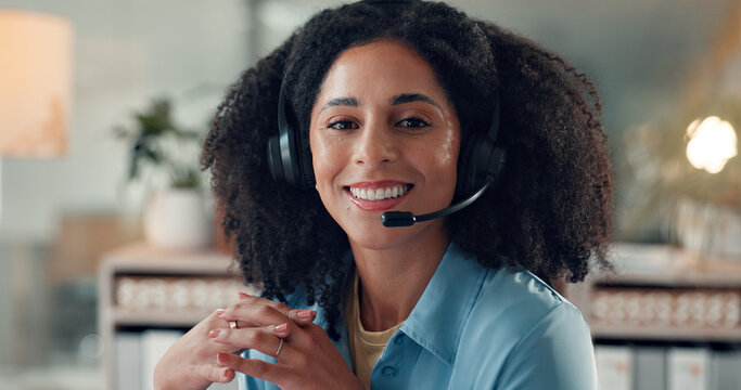 Happy woman, portrait or night consultant with headset in office for online advice or communication. Female person, friendly agent or working late with smile or mic or virtual assistance in workplace - Powered by Adobe