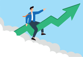 Confident businessman riding growth arrow in flat design
