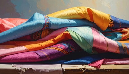 A vibrant arrangement of colorful, patterned fabrics, piled high on a rustic wooden surface, creating a rich tapestry of textures and hues.