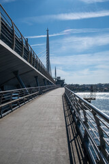The various architectural views and perspectives of the Golden Horn Metro Bridge, located in the touristy Eminönü Golden Horn district of Istanbul, its cable-supported design and engineering structure