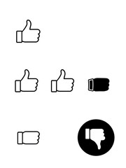 Like, dislike and neutral thumb symbols in white and black circle. Feedback and rating thumbs up and thumbs down icons set. Thumbs up, down and sideways icon set isolated on white background.
