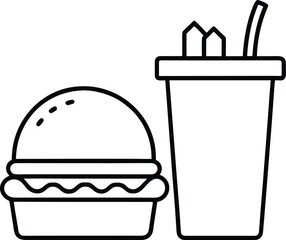 Black outline drawing of a hamburger and a drink with a straw beverage