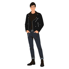 Fototapeta premium Young caucasian male in black leather jacket and jeans – flat illustration