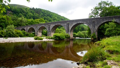 Fototapeta premium Picturesque stone bridge over a river, reflected in the calm water, with lush greenery and hills