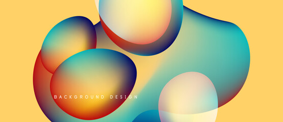 Abstract fluid shapes overlap, creating vibrant color gradients. Yellow background complements dynamic composition. Modern design element.